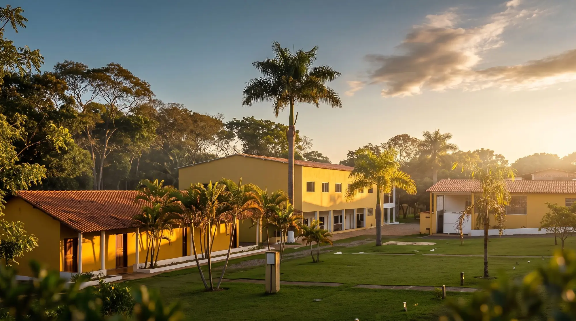 Fim de tarde dourado sobre o gramado, as palmeiras e os prédios da casa